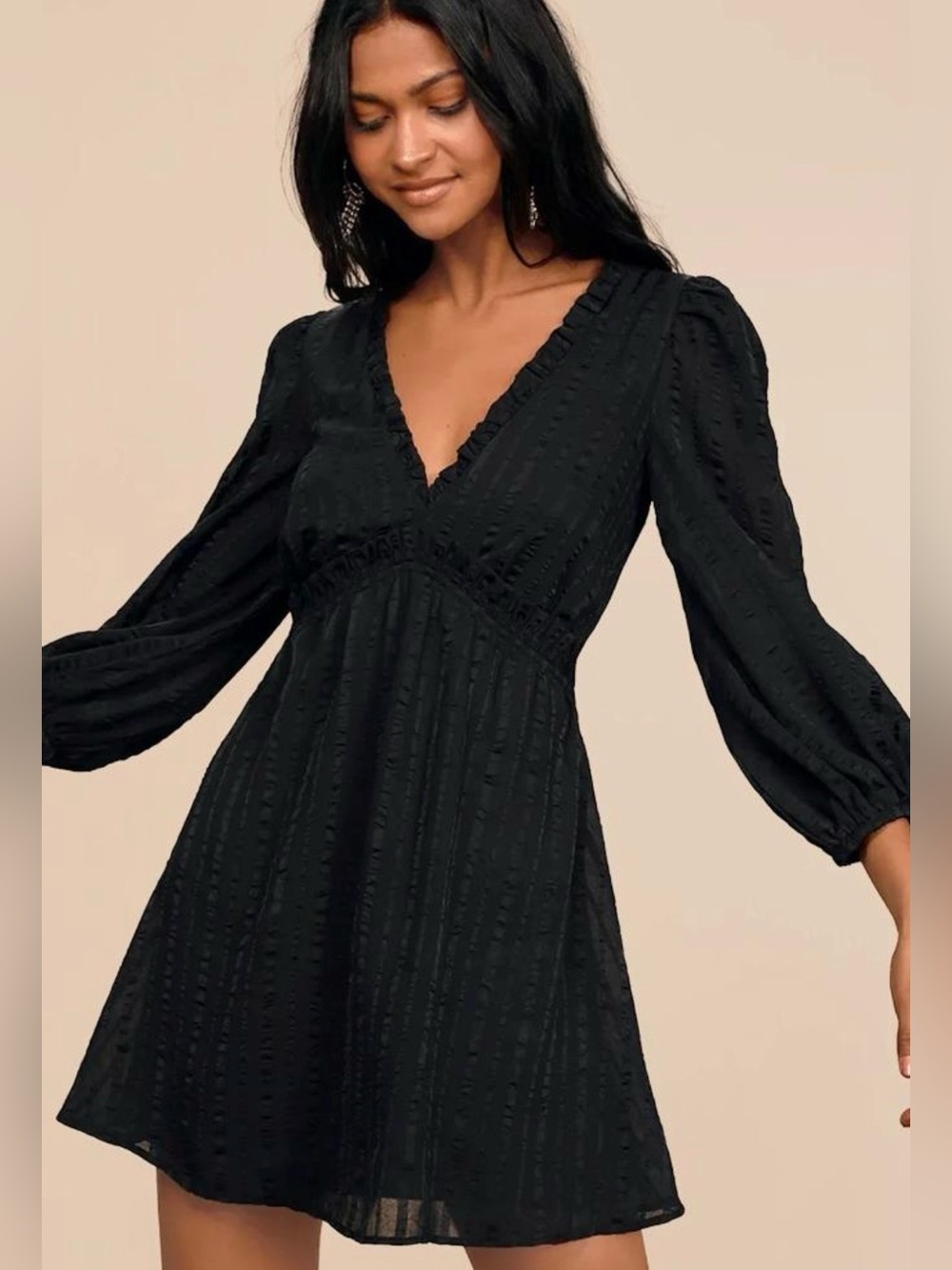 Lulu's Black Textured V-Neck Mini Dress with Sheer Puff Sleeves